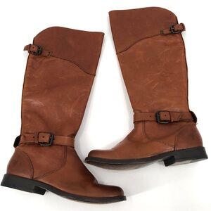 FRYE Phillip Riding Boots 6.5 Cognac Leather Equestrian Preppy Buckle Knee High